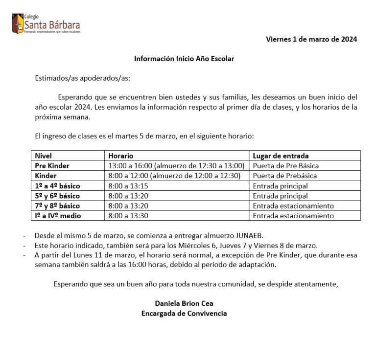 Informativo Inicio De Año Escolar | Colegio Santa Barbara